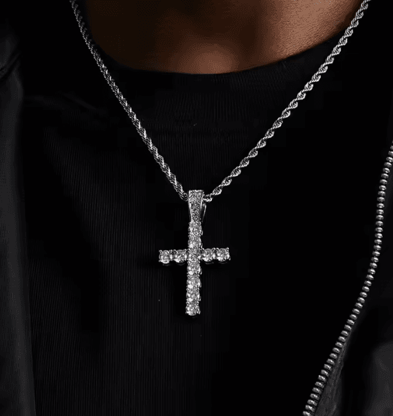 Stainless Steel Diamond Cross Pendant Rope Chain