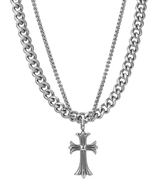 Stainless Steel Double Layers Cuban Link Chain Cross Pendant Necklace