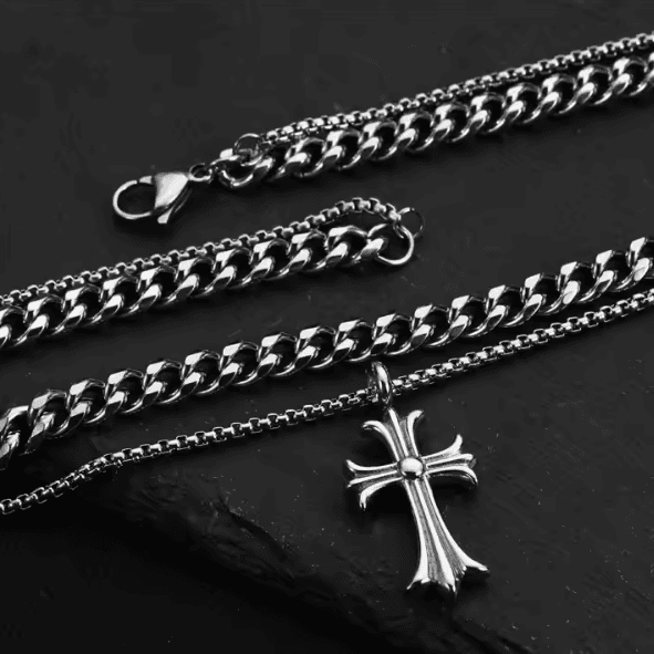 Stainless Steel Double Layers Cuban Link Chain Cross Pendant Necklace - Image 3