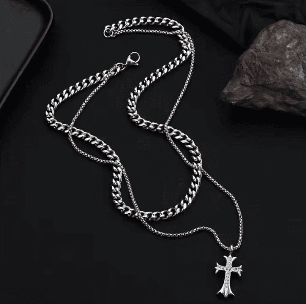 Stainless Steel Double Layers Cuban Link Chain Cross Pendant Necklace - Image 2
